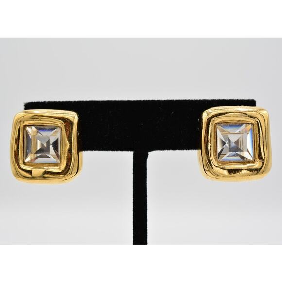 Givenchy Vintage Crystal Earrings Square Rhinestone Gold Stud Signed 1980s BinAK
